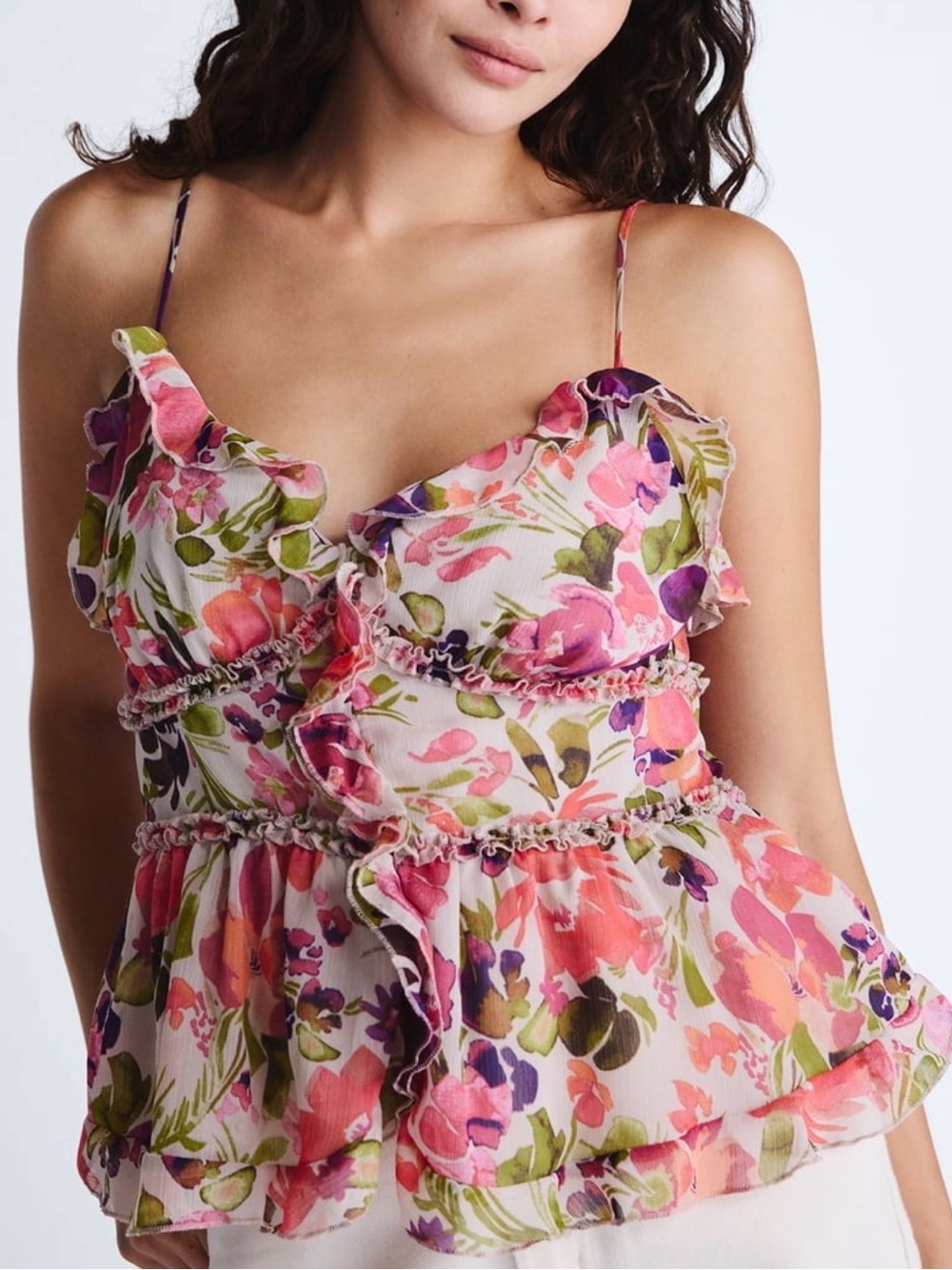 Scoop Ruffle Camisole Tank Top features delicate tiered ruffles Size L